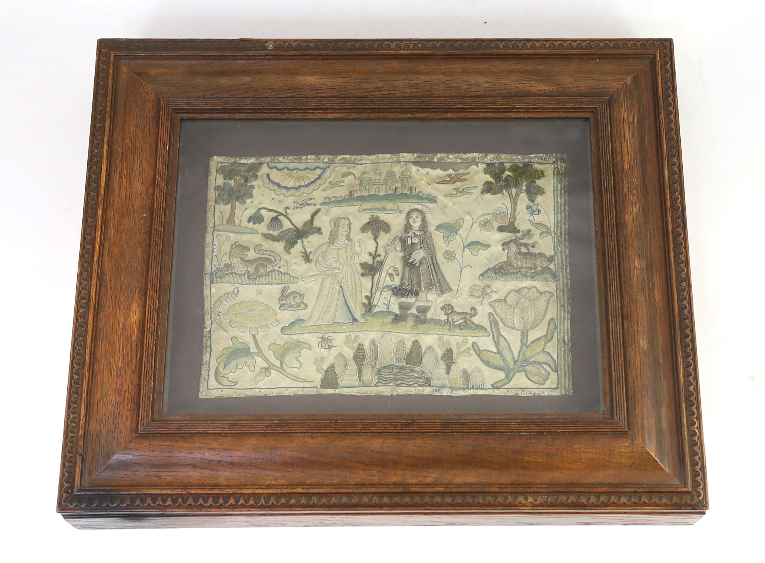 A 17th century English stumpwork panel, 20 x 28cm